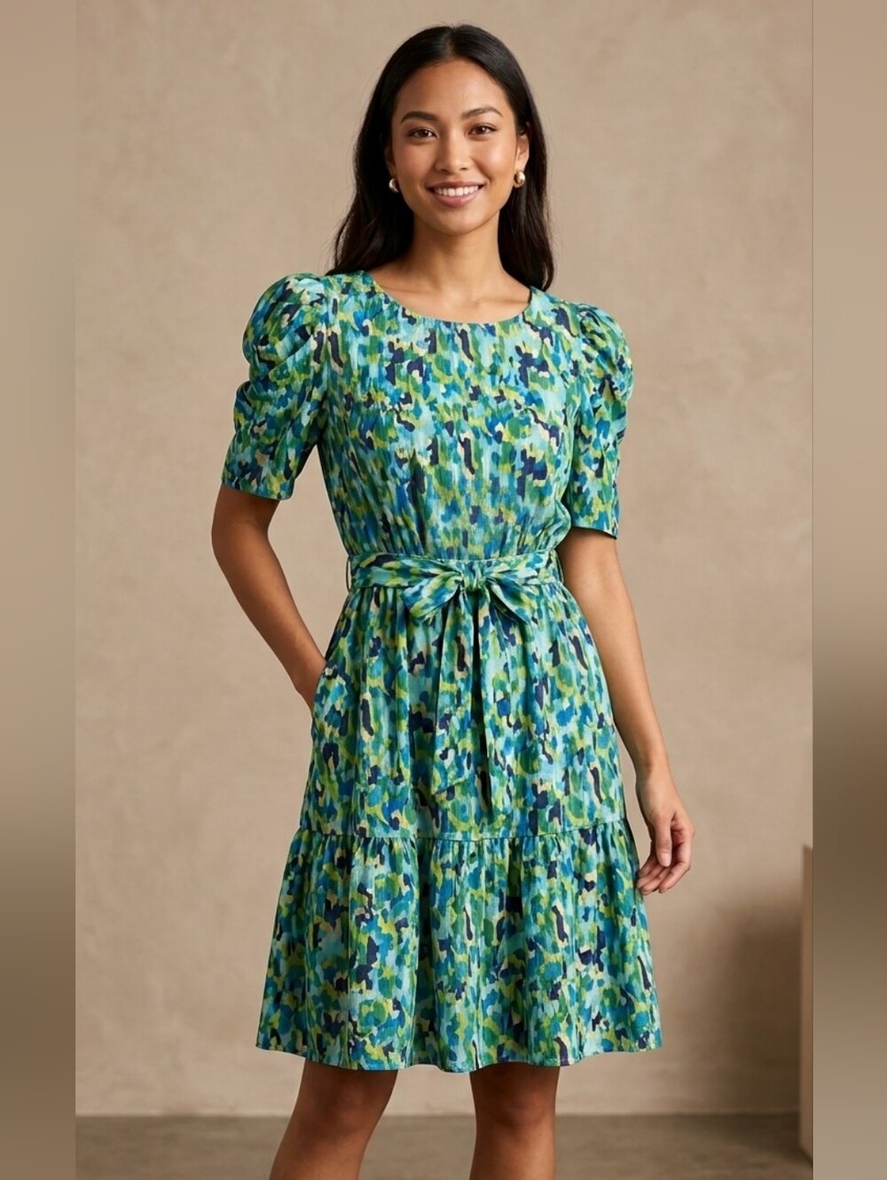 London Times Dress Women’s Size 8 Blue Green Abstract Floral Puff Sleeve Belted